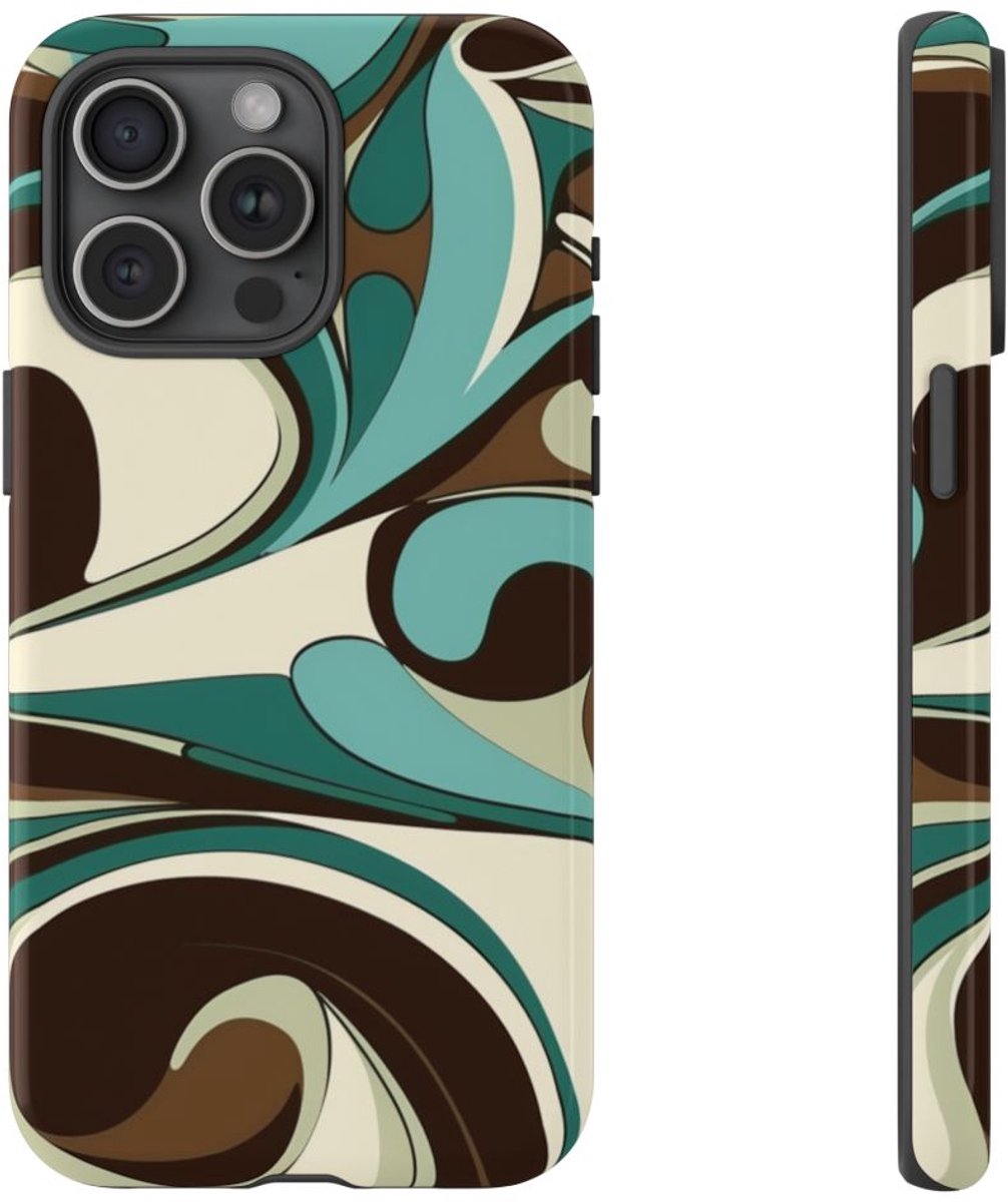 Abstracte Swirl in Teal en Bruin – Telefoonhoesje Geschikt voor iPhone 15 Pro Max