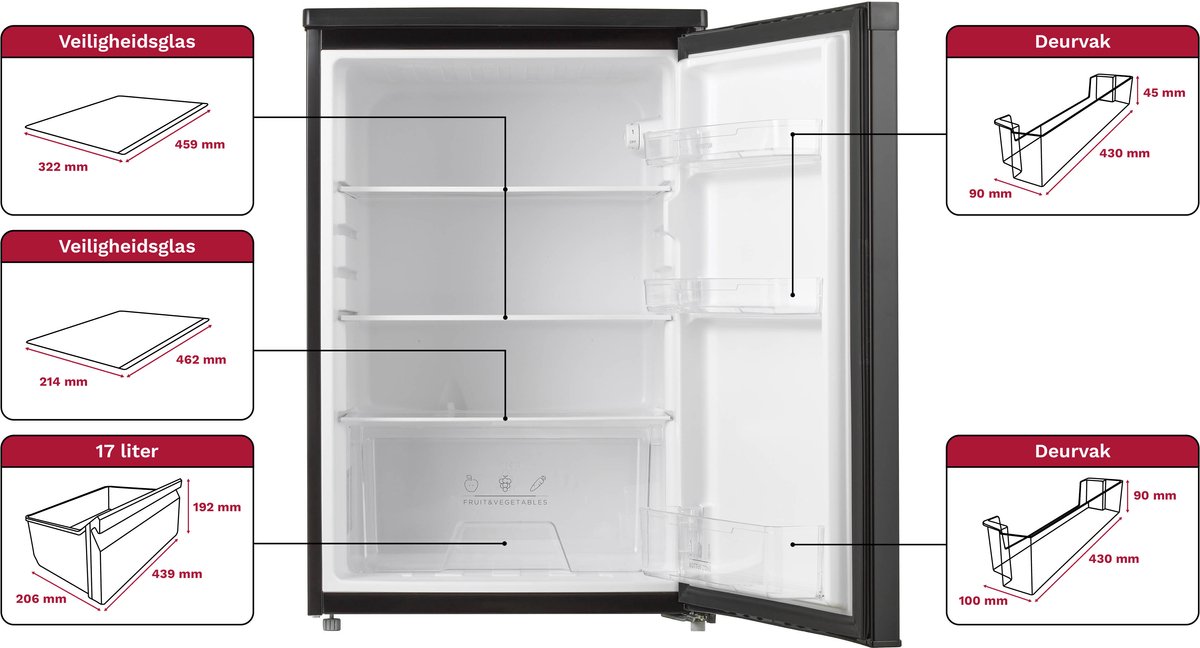 Inventum KK550B tafelmodel koelkast energiezuinig - 131 liter - Zonder vriesvak - 55 cm breed - Superkoelen - Led-verlichting - Energielabel D - Vrijstaand - Zwart — afbeelding 4
