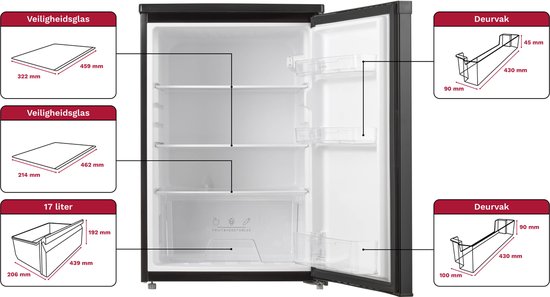 Inventum KK550B tafelmodel koelkast energiezuinig - 131 liter - Zonder vriesvak - 55 cm breed - Superkoelen - Led-verlichting - Energielabel D - Vrijstaand - Zwart