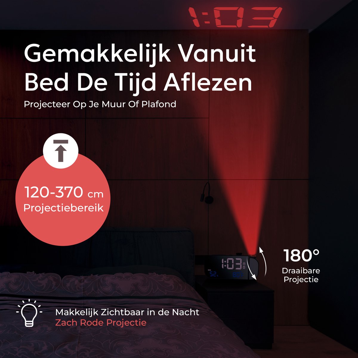 TM&DY - Digitale Wekkerradio met Projectie - Met Spraakbesturing, FM, Temperatuur & Luchtvochtigheid – Dimbaar LED Display & Dubbele Alarmfunctie - Wekkers Digitaal - Wekker met Projectie op Plafond - Projectiewekker - Projectieklok — cadeau in Elektronica - foto 4