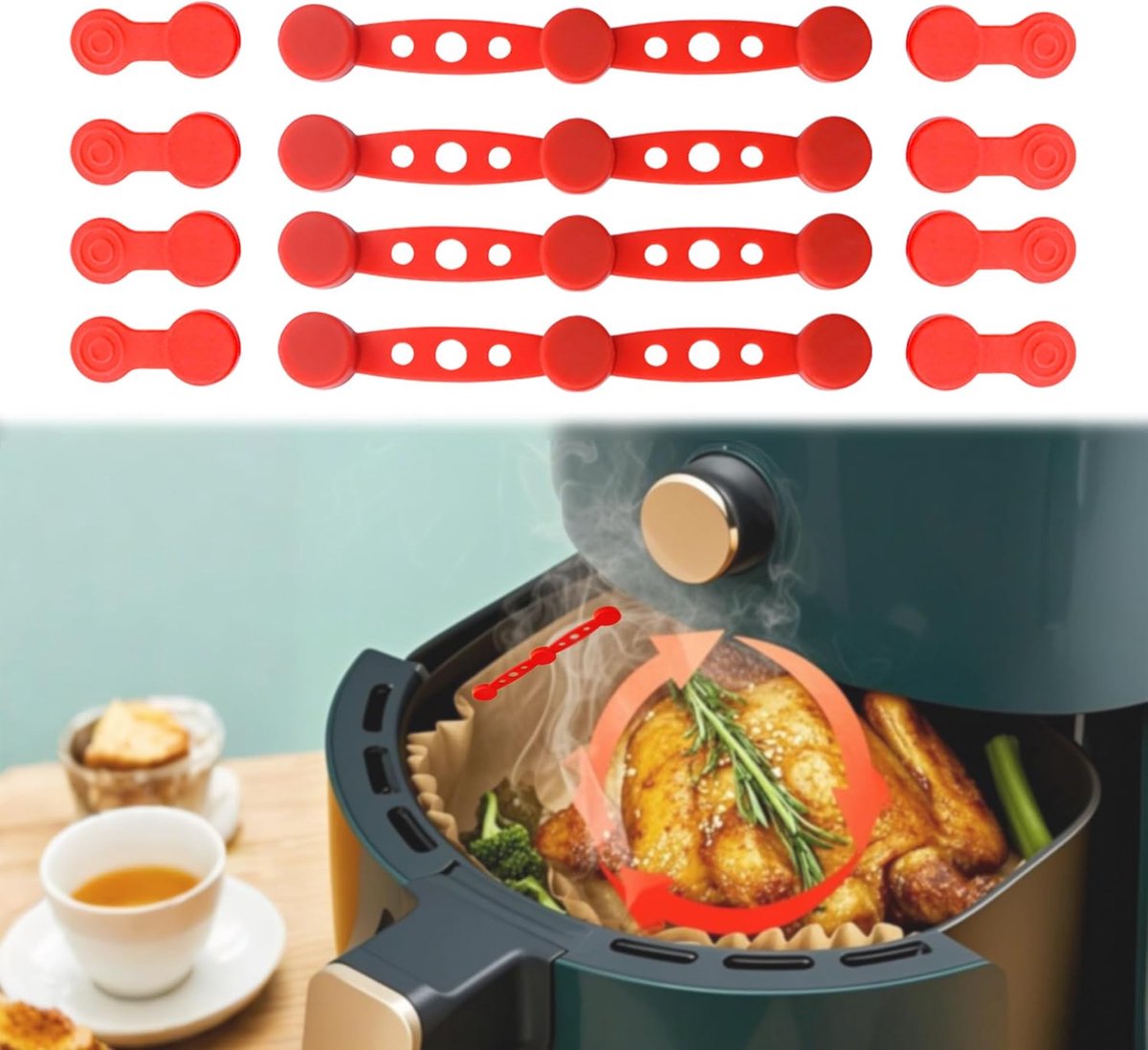 12 stuks Geschikt voor Airfryer magneet siliconen gespen voor het vasthouden van bakpapier, veilige Geschikt voor Airfryer bakpapier om verbranding te voorkomen (rood, 4 sets van 12)
