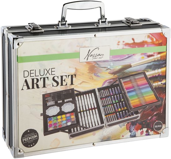 Coffret de peinture de Luxe Nassau Fine Art – Coffret de dessin 132 pièces – Peinture acrylique, Crayons de couleur, Marqueurs, pastels à l'huile – Pour Adultes et Enfants – Dans un coffret de rangement en métal