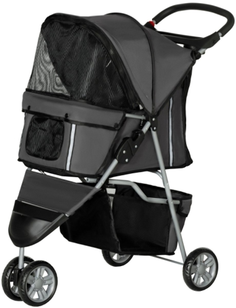 PawHut Hondenbuggy Opvouwbaar voor honden en katten tot 10 kg Kattenbuggy met kussen Gaasvensters Bekerhouder Opbergtas Kattenbuggy Donkergrijs