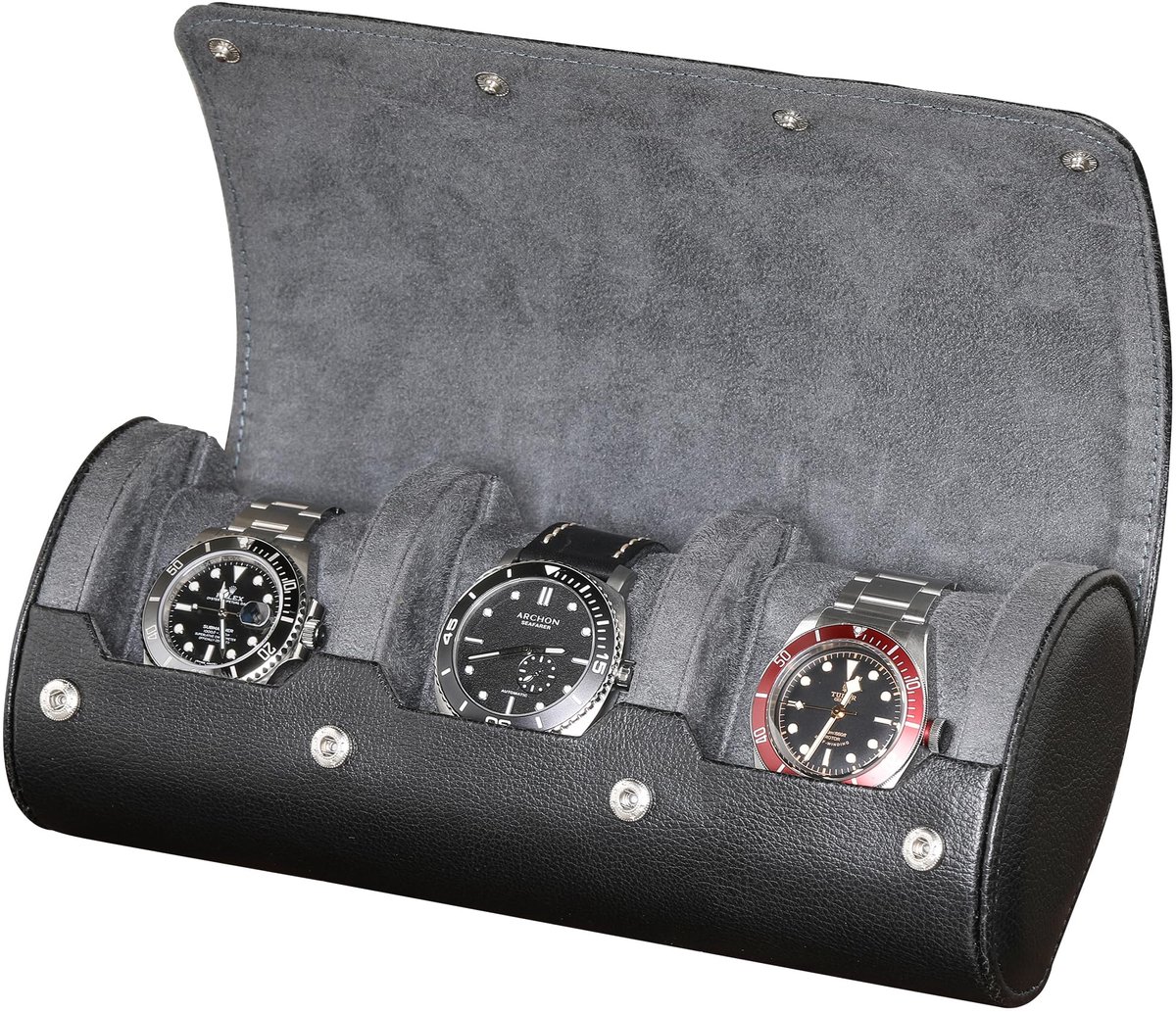 ROTHWELL Horlogerol Reiskoffer voor 3 Horloges | Robuuste draagbare bescherming, past op alle polshorloges en smartwatches tot 50 mm (Zwart-Grijs)
