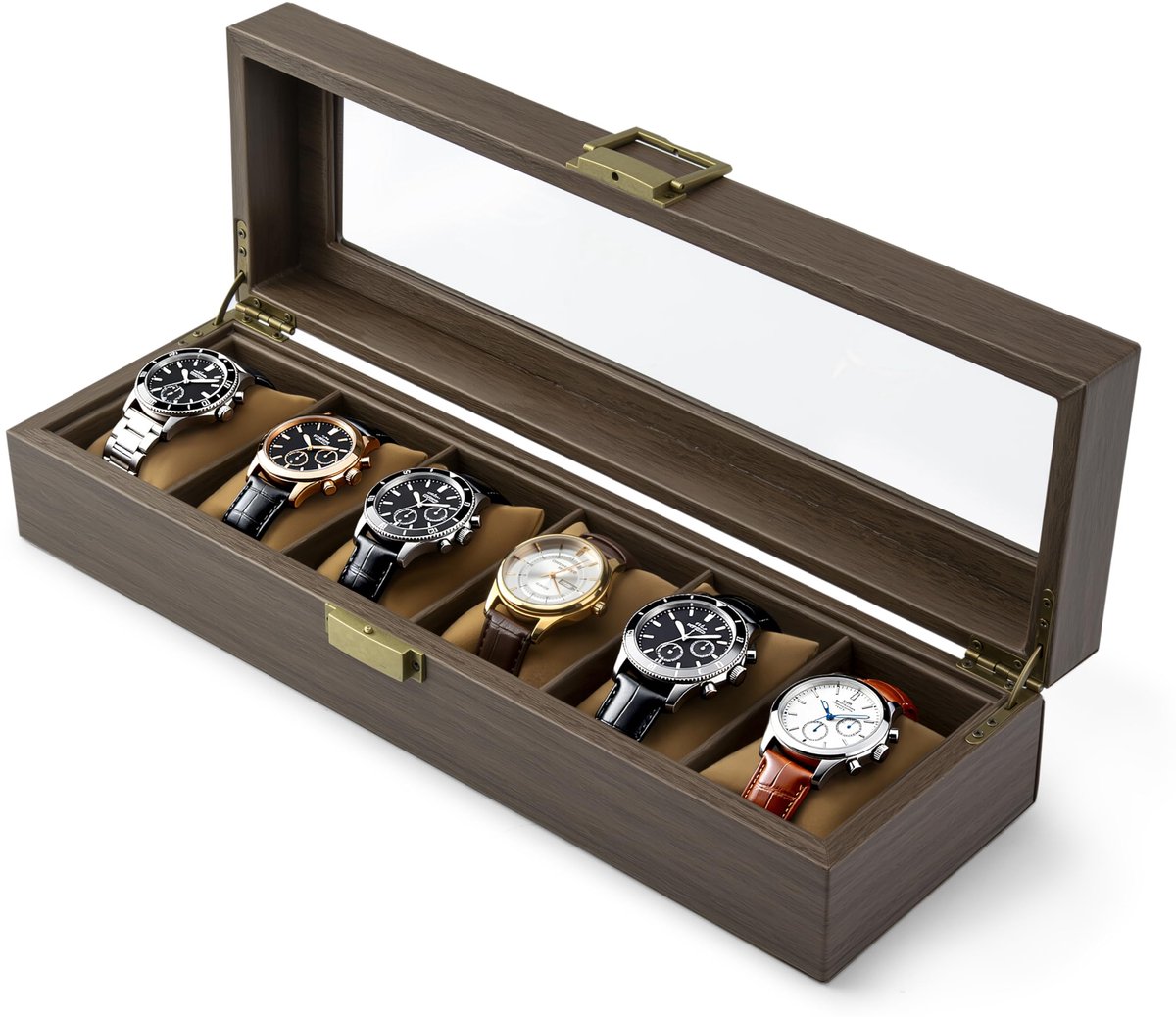 QIWODE horlogebox, horloge-opbergbox met 6 compartimenten, horlogekast met glazen deksel en kussen, horloge-opbergbox met metalen sluiting voor heren en dames