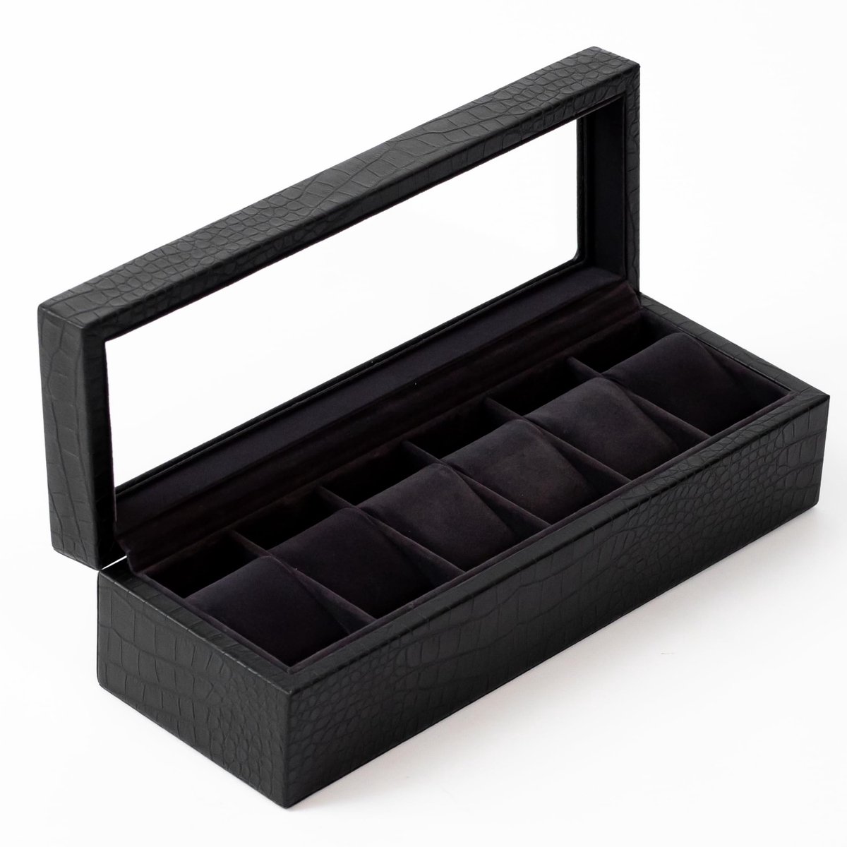 CASE ELEGANCE horlogebox in elegant, zwart, kunstkrokodillenleer met echt glas