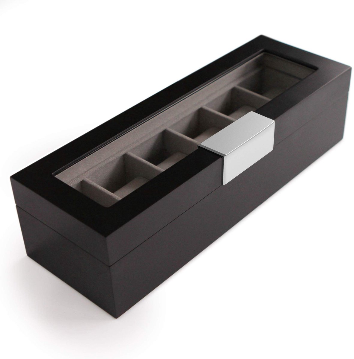 CASE ELEGANCE Collectie Elegante houten horlogebox voor 6 horloges met display case - Zwart (metalen clip) (metalen clip)