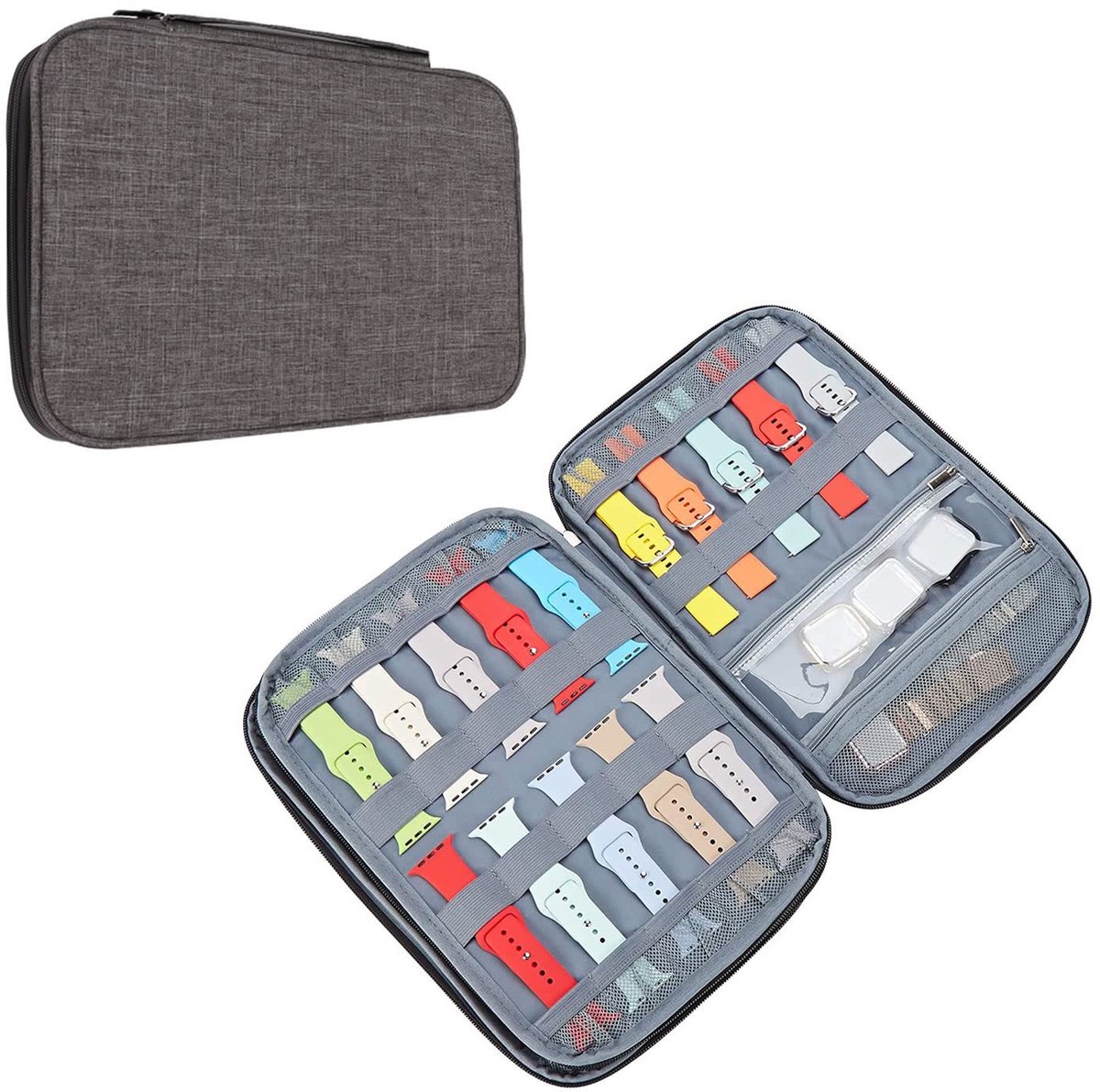 Eono Horlogebandorganizer, uitbreidbare opbergtas voor 15 bandjes, waterdichte nylon horlogebandjes, etui voor horlogebandjes, horloges, pennen en oplaadkabels, grijs