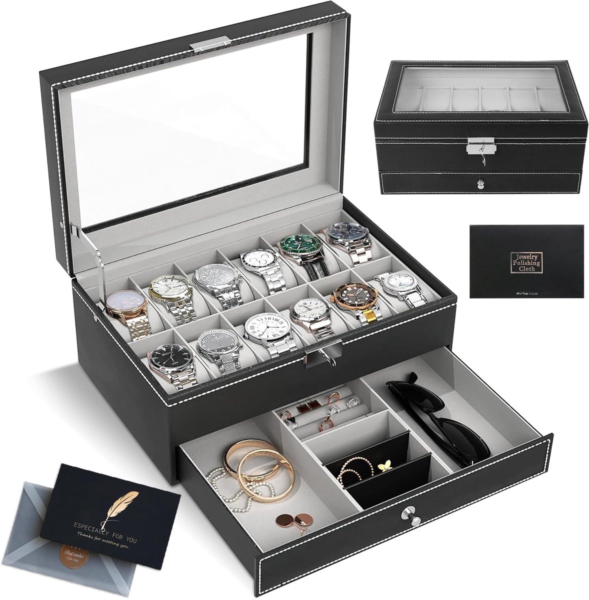 SAMISO horlogebox, 2-laags horlogebox met glazen plafond, met lade, luxe horlogebox, horloge opbergbox, leren horlogebox met 12 compartimenten, horlogekast, sieradendoos