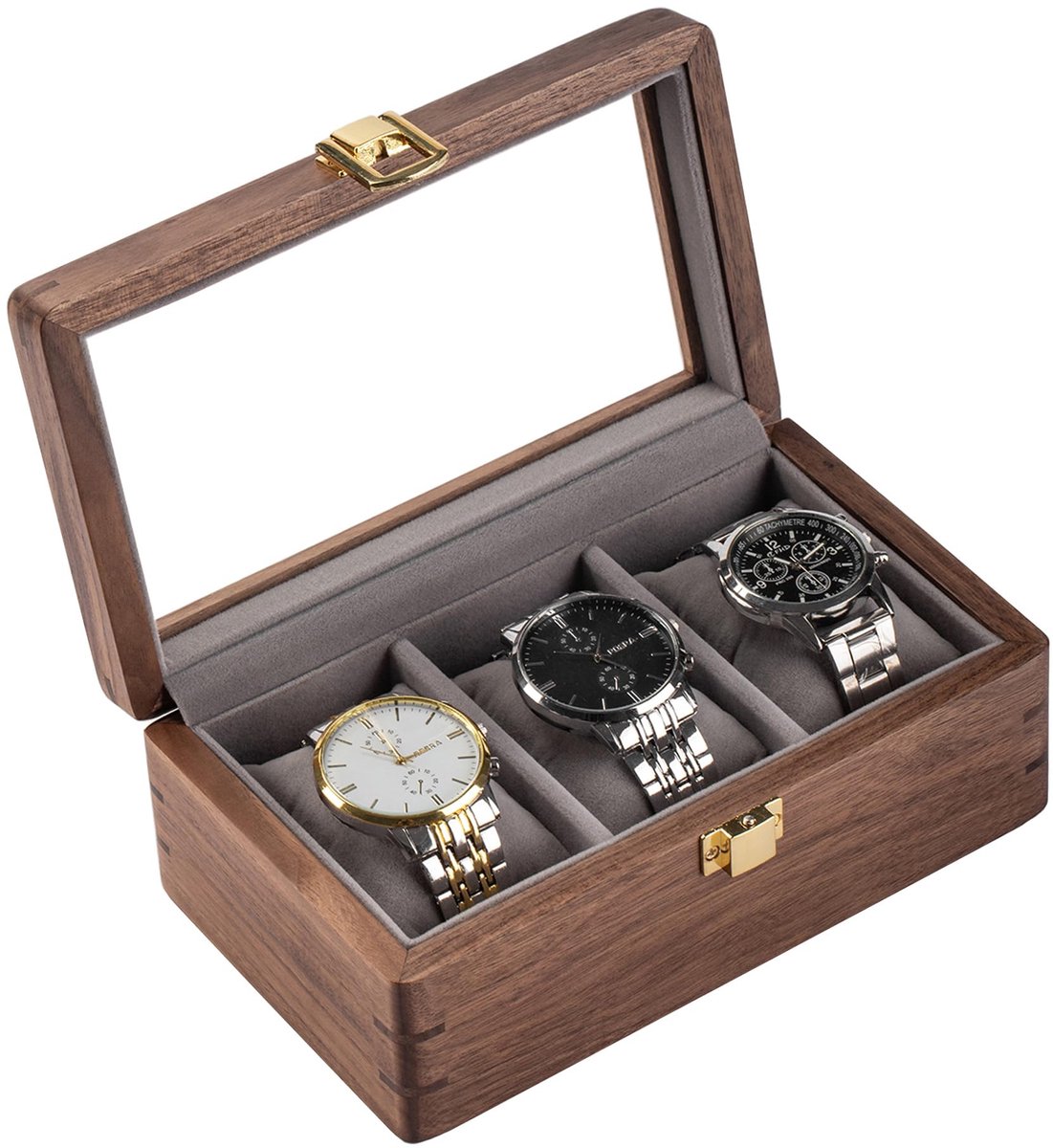 Horlogekist van musohout, gemaakt van luxe massief Noord-Amerikaans notenhout met glazen venster en metalen sluiting voor 3 horloges. Horlogekast voor het opbergen van horloges, 20 x 12 x 8,5 cm.