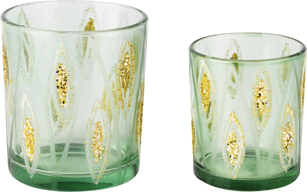 dekoratief Set 2 theelichthouders 'Glitter Rhombus', groen/goud, glas, 9x9x10cm | A255287
