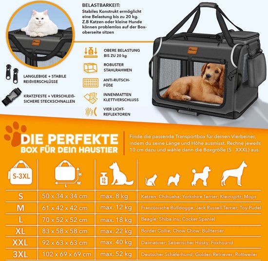 TRESKO® Opvouwbare hondenbox inclusief likmat en spatel, M, 61 x 42 x 42 cm, transportbox voor honden en katten, hondentransportbox voor kleine en grote honden, hondentas, robuust, beige