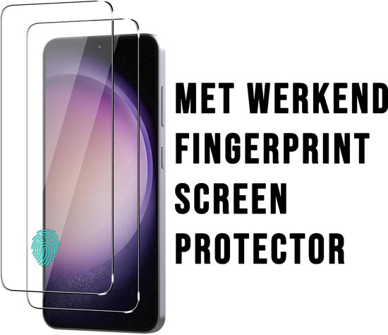 Twee screenprotectors op een paarse achtergrond met een vingerafdruk icoon.