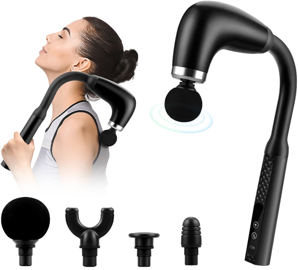 Massage Pistool U-vormige rugmassage voor pijnverlichting, 4 massage-opzetstukken, 6 intensiteitsniveaus, voor alle spiergroepen