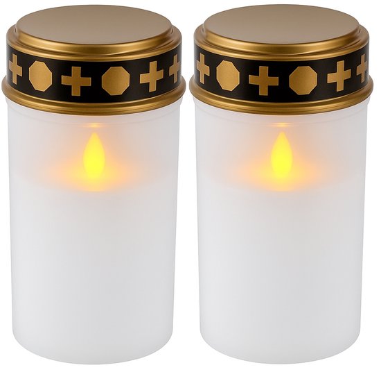 Deux bougies de cimetière blanches de 12,5 cm avec décoration de croix dorées et noires, flamme LED.