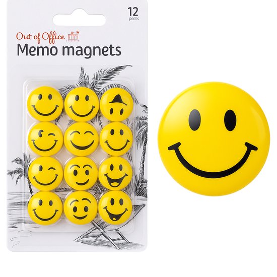 Twaalf gele memo magneten met verschillende lachende gezichten en een enkele grotere smiley magneet.