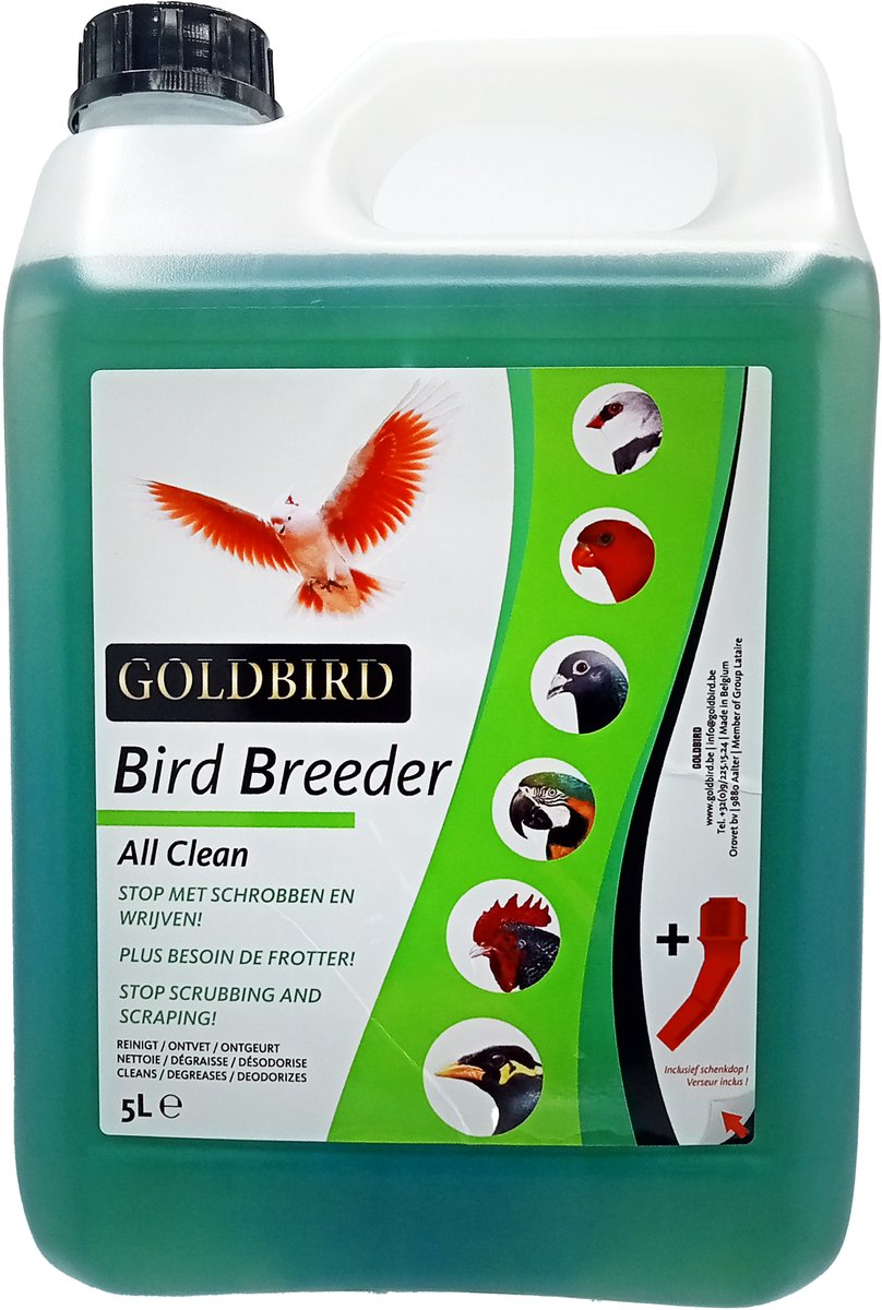 Goldbird Bird Breeder All Clean 5 liter - Biologisch Afbreekbaar Schoonmaakmiddel Voor Vogelkooien, Kweekbakken, Volières, Mestschuiven,... etc - veilig voor vogels, vogelkwekers en vogelliefhebbers