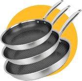 Pasper Pannenset Ø 28, 24 en 20 cm - PFAS & PTFE vrij - Inductie, Elektrisch, Keramisch & Gas - RVS Honingraat Anti-Aanbakpan