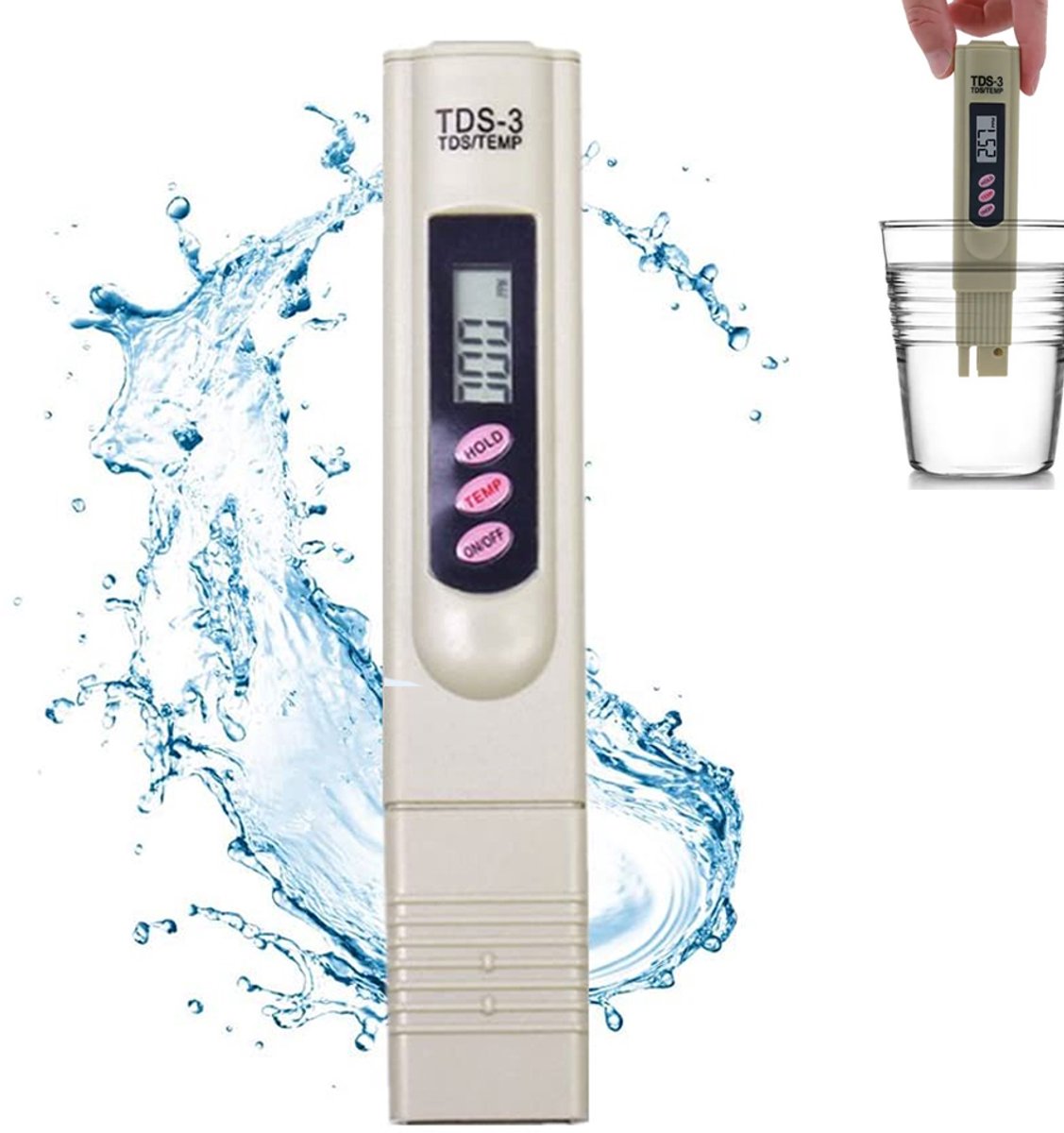TDS meter - handheld TDS-meter - TDS-meter - TDS meetapparaat - meetbereik 0-9990 ppm - Digitale Waterkwaliteitstest - Drinkwater tester - Aquarium tester - Watertester voor drinkwater, zwembad, aquarium, spassen - Inclusief batterij - Grijs