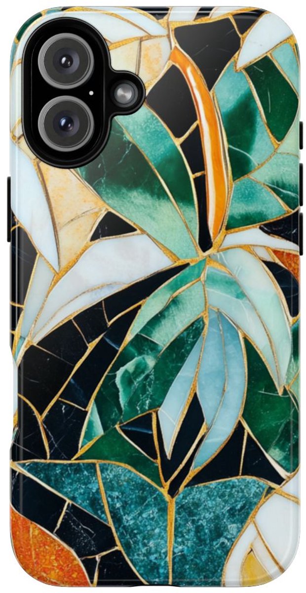 Tropisch Bladmozaïek met Gouden Accenten – Telefoonhoesje Geschikt voor iPhone 16 Plus