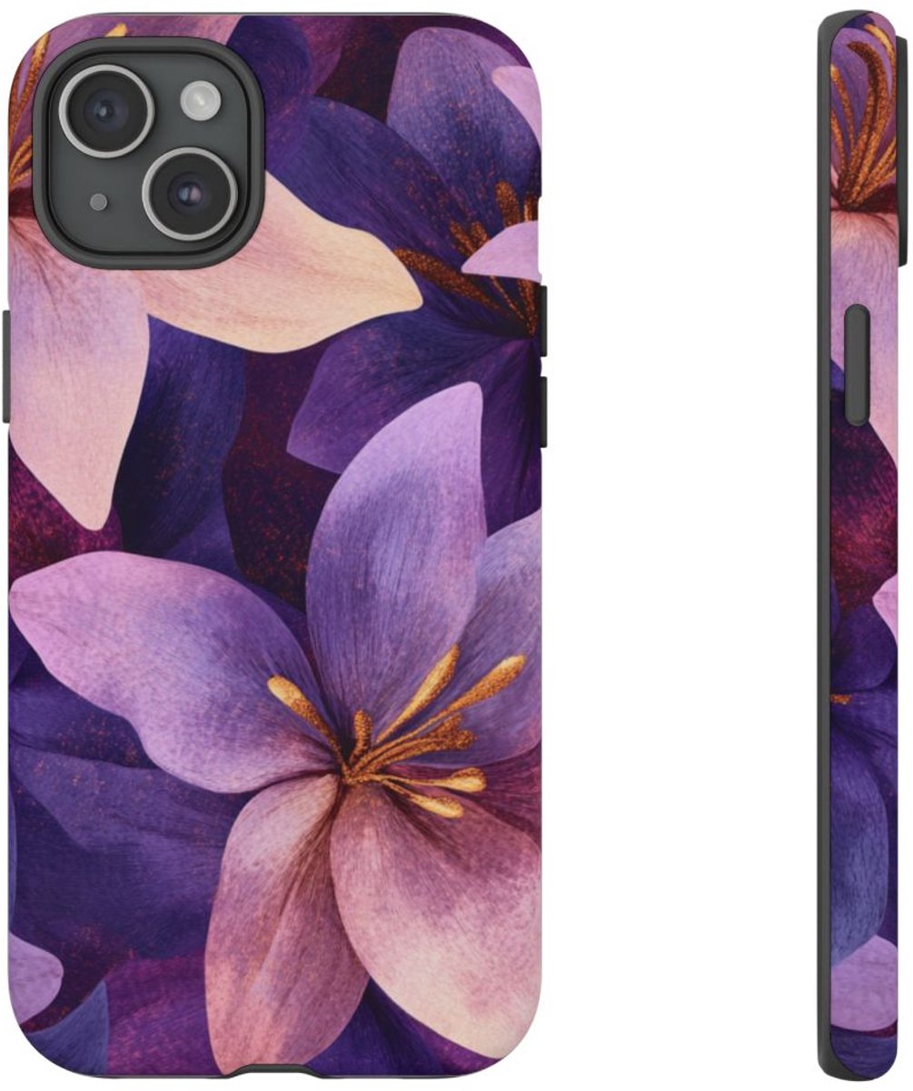 Paars-Gouden Bloemenpatroon – Telefoonhoesje Geschikt voor iPhone 15 Plus