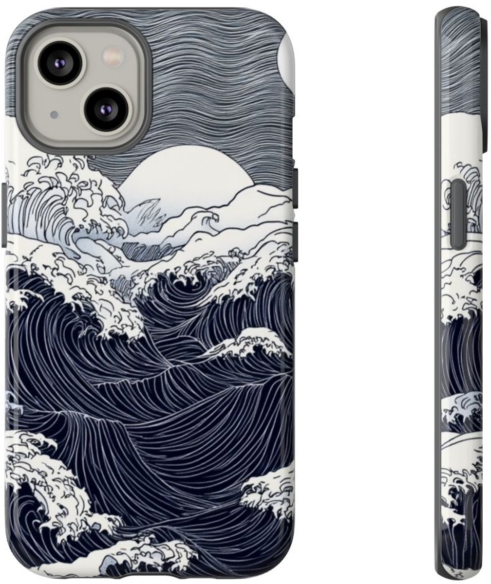 Monochrome Oceaangolven met Maan – Telefoonhoesje Geschikt voor iPhone 14