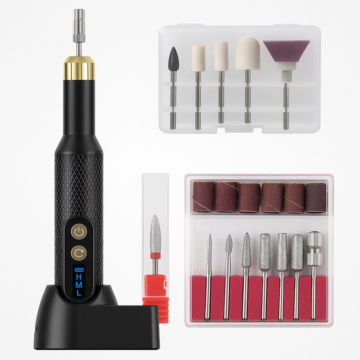 DEN-T - PRO N250 Professionele Elektrische Nagelvijl - Nagelfrees - Manicure en Pedicure Set – 3 Snelheden, 20000RPM, - Voor links en rechtshandig – 12 bitjes, 10 schuurrolletjes & Oplaadstation