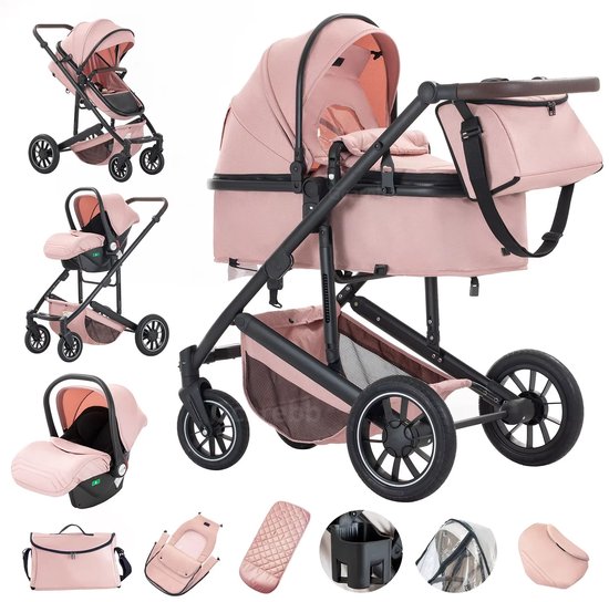 Rustive Luxe Kinderwagen 3 in 1 - Kwalitatieve Buggy - Maxi Cosi - Multifunctioneel - Inklapbaar - Incl. Autostoel - Roze