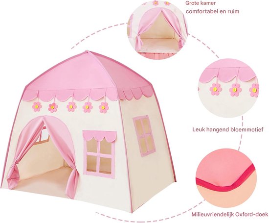 Prinsessenkasteel Speeltent voor Meisjes - Inclusief Kroon & Toverstaf - Roze Kindertent - 130x100x130 cm - Voor Binnengebruik - Met Bloemendecoratie van Merkloos — afbeelding 4
