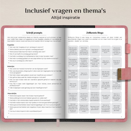 Een dagboek met secties voor dagelijkse, wekelijkse en maandelijkse reflecties, en een spel.