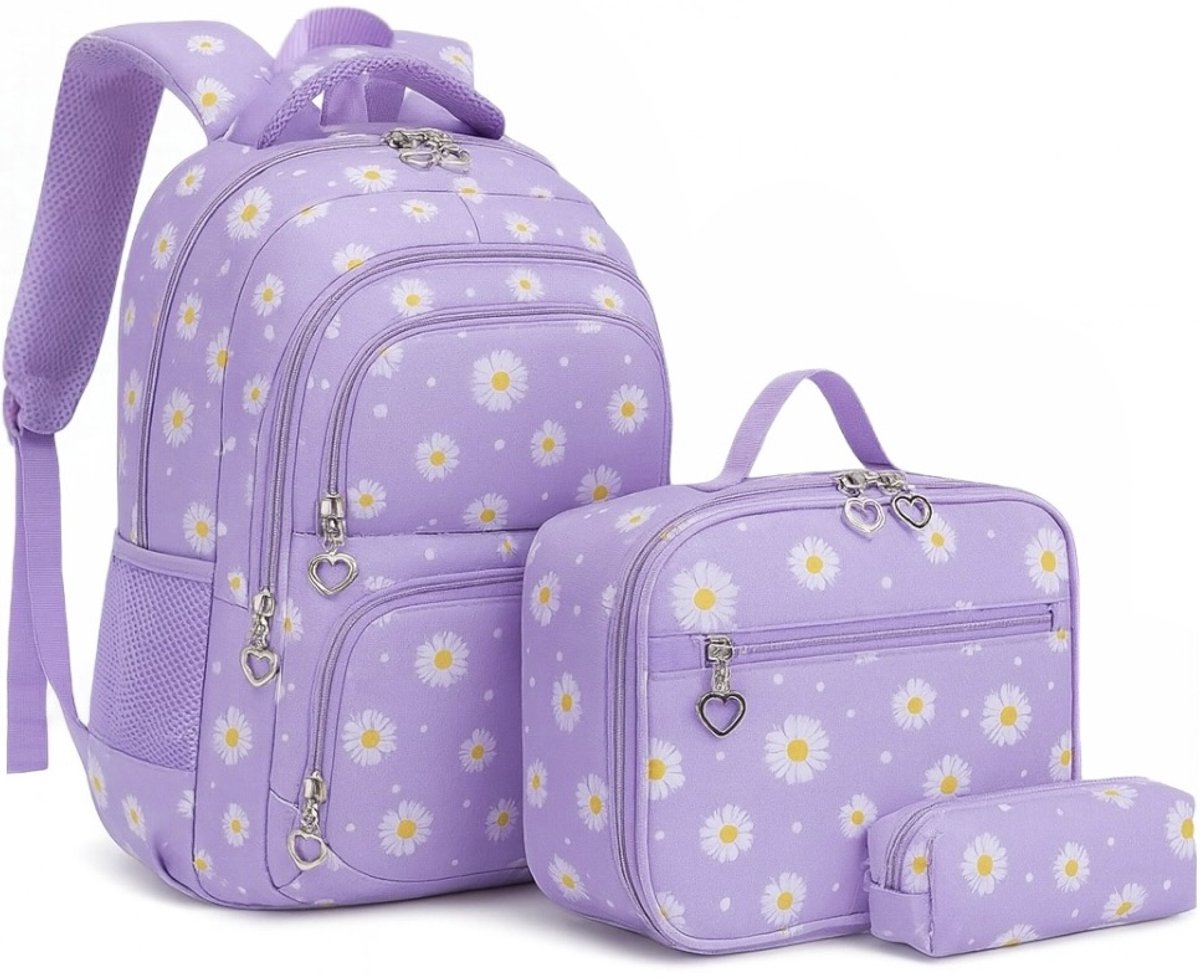 Ultiluxe® Rugzak met madeliefjesprint - Lila/paars - Rugtas, lunchtas en etui - Schoolrugzak voor kinderen - Madeliefjes schoolrugtas - Bloemetjes - loe15.6 inch laptoptas - 30 x 17 x 44 cm - Meiden school tassen set - 22 L - Schooltas voor meisjes