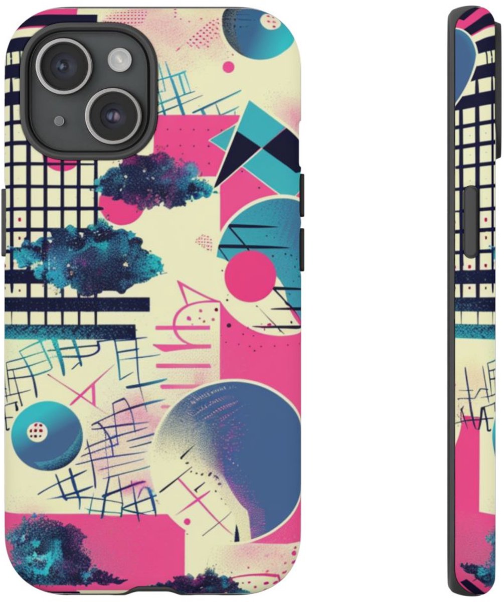 Abstract Geometrisch Patroon in Roze en Blauw – Telefoonhoesje Geschikt voor iPhone 15