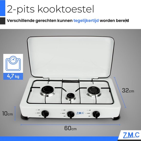 ZMC gasfornuis met 3 pitten, kampeerfornuis met slang en regelaar, voor propaangas LPG, 2x 2,2 kW + 1x 1,0 kW brander, fornuis met drie pitten voor buitenkamperen, 2-traps vlam, verbruik 393 g/u van Z.M.C — afbeelding 4