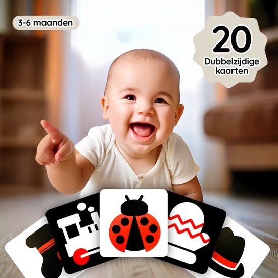Visuele Stimulatiekaarten Baby 3-6 Maanden - Zwart-Wit Contrast voor Optimale Breinontwikkeling - Waterafstotend, Veilig & Duurzaam - 20 Dubbelzijdige Kaarten (14x14 cm) van Merkloos — afbeelding 2