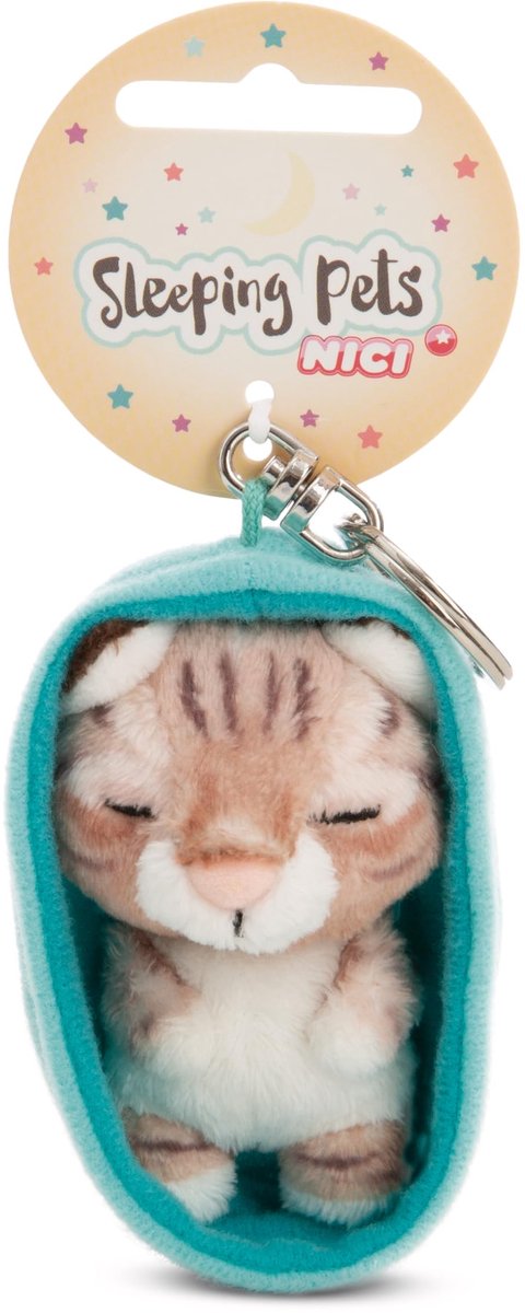 NICI Sleutelhanger Slapende Huisdieren Tabby Kat 8cm in Mandje - Bruin - Trouwe metgezel voor rugzak of tas, sleutelhanger voor klein en groot | 61608