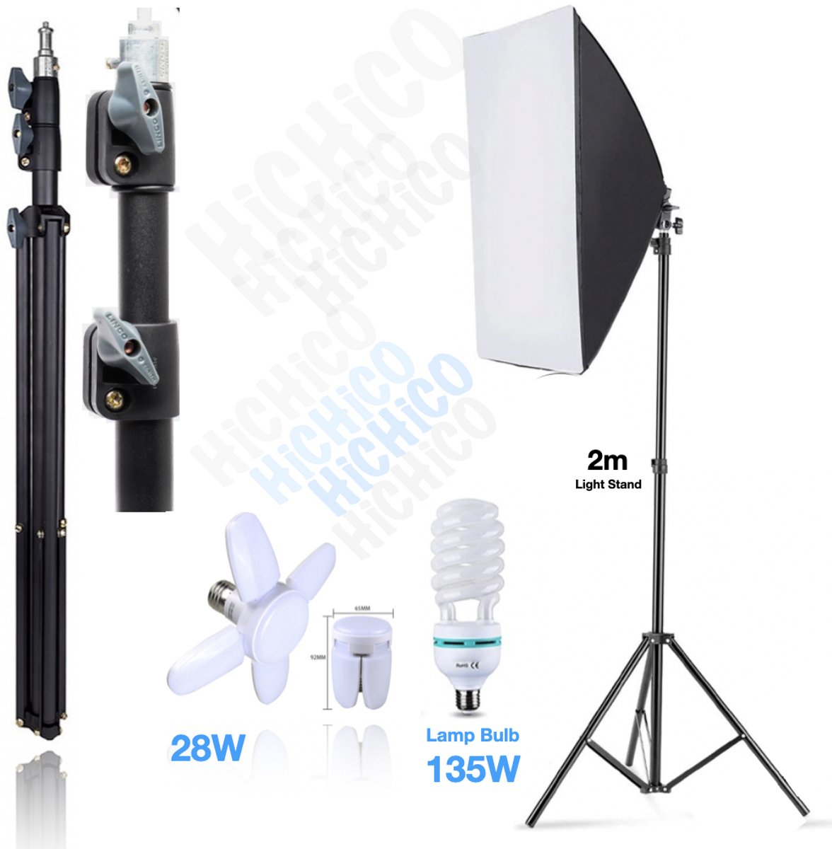 Professionele Softbox fotostudio set HiCHiCO® - Studiolampen - Studioflitsers - Foto Studio Verlichting Kit, Achtergrond Support System Softbox Paraplu tripod Stand 210Cm - fotolamp fotografie softbox - 1x 135w, 1x 28w LED-Verlichting - Fotostudioset