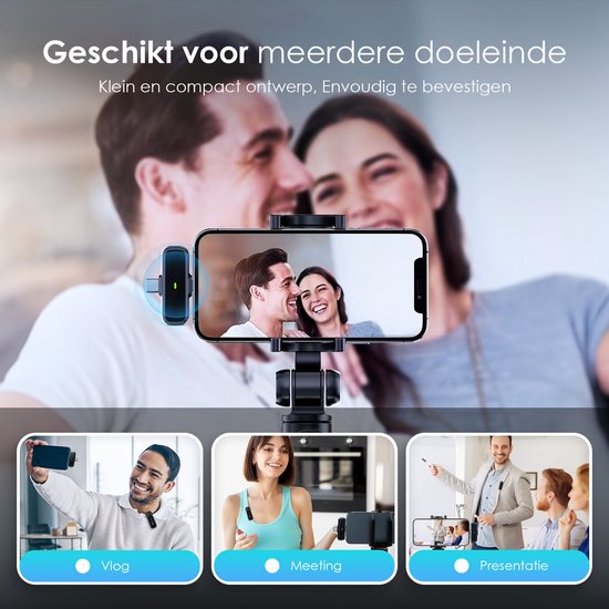 Microfoon met "DSP ruisonderdrukking", getoond in drie gebruiksscenario's: Vlog, Vergadering en Presentatie