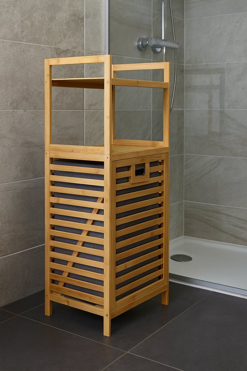 Fameilleur- luxe Bamboe Wasmand-met Kantelfunctie- 25 Liter – 95 cm Hoog – Ruimtebesparende Wasmand voor Badkamer – Met Opbergplateau - Stevig Bamboe – Lichtbruin houten bamboo-wasmand - - bamboe- was mand- groot- douche- kleding mand- kledingmand-