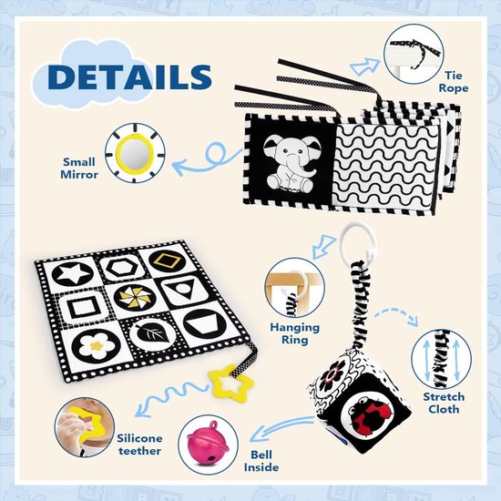 Speelgoed stoffen boek Baby Awakening 0-12 maanden Zwart-witte kaart Babycadeau Geboorte meisje Jongen Sensorisch speelgoed Baby rammelaar 3-delige zwart-witte set Baby speelgoed van Merkloos — afbeelding 4