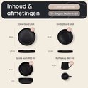 Afmetingen van zwarte borden, kommen en mokken: 24cm, 19cm, 16cm, 10cm.