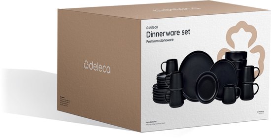 Verpakking van een 24-delige zwarte Deleca serviesset.