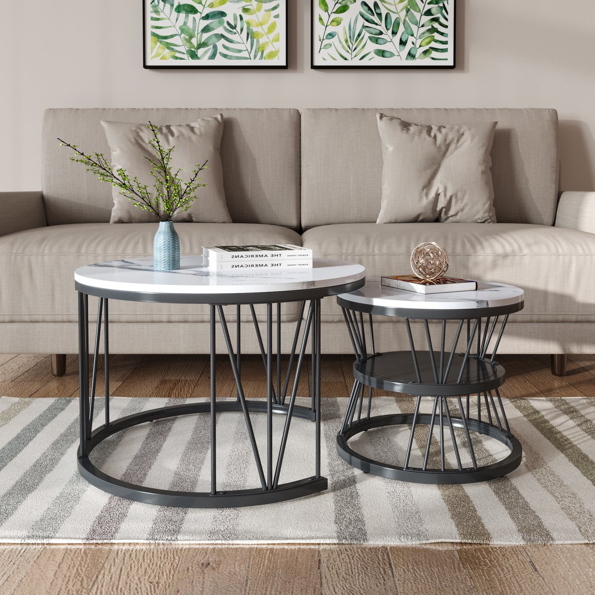 2 ronde salontafels, 70x45cm, 45x45cm, tafel met wit blad en zwarte pootondersteuning, ronde salontafel ingebouwd in de zijkant van de bank (wit blad + zwarte poot)