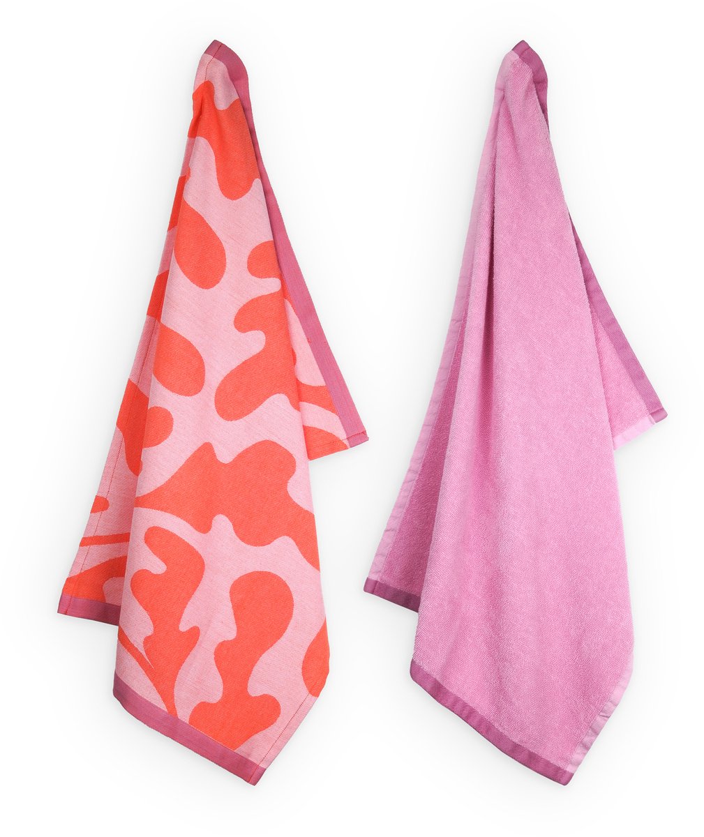 Lifa home Coral Kiss Theedoek en Handdoek set – 50 x 70 cm – Blad – Roze