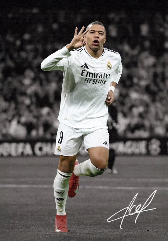 Affiche de Voetbal Kylian Mbappé – Format A3 (30 x 40 cm) – Cadre noir inclus