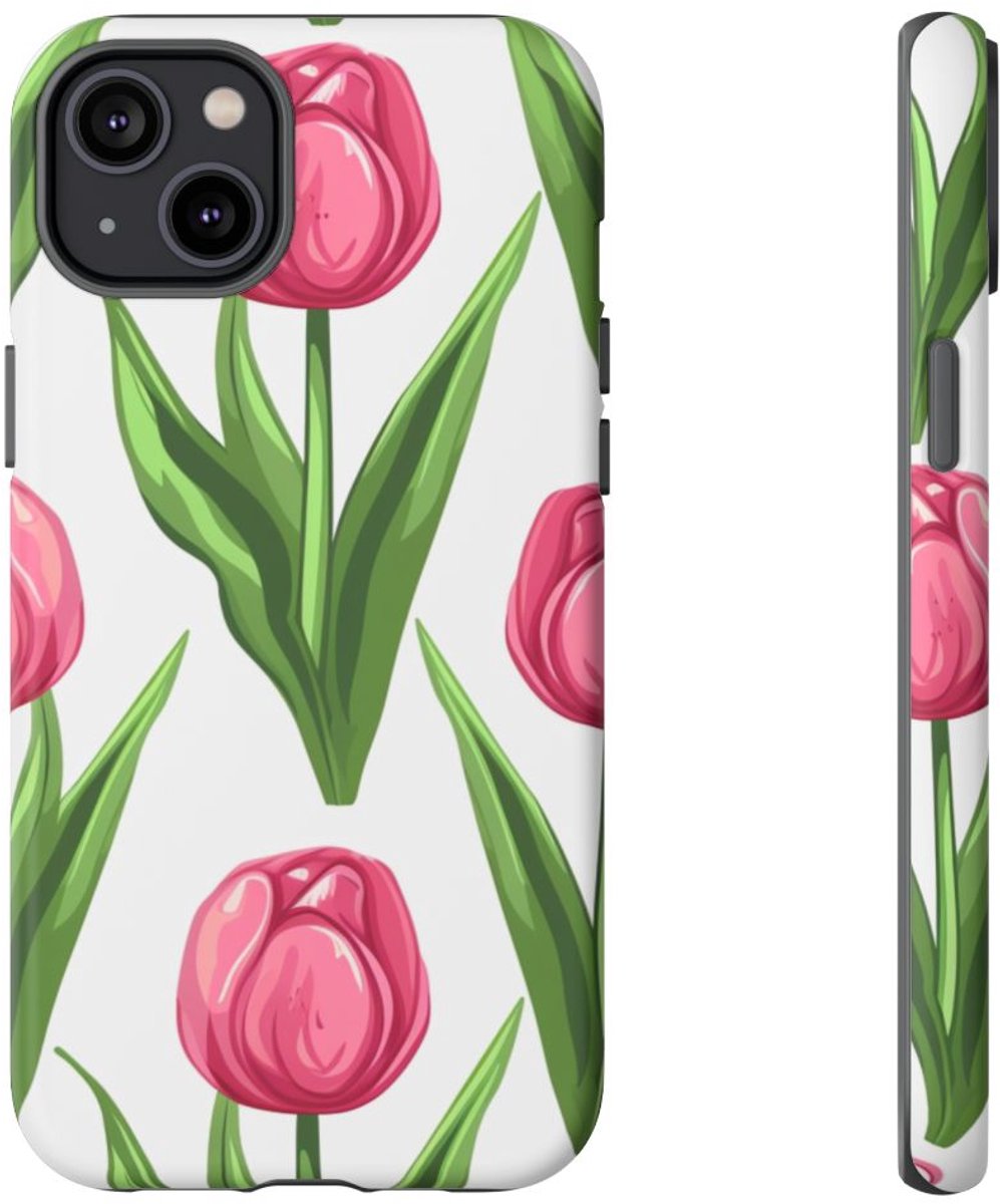 Roze Tulp Bloemenpatroon – Telefoonhoesje Geschikt voor iPhone 14 Plus