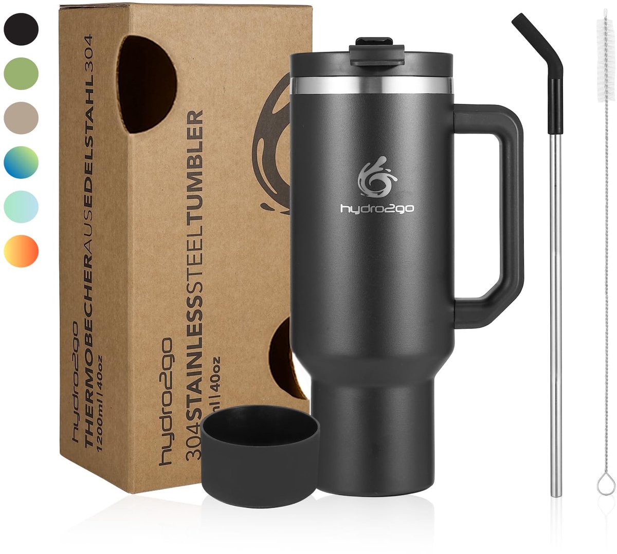 Hydro2go RVS Thermosbeker 1200 ml – 10u warm / 12u koud – met rietje & handvat – 100% lekvrij – Zwart
