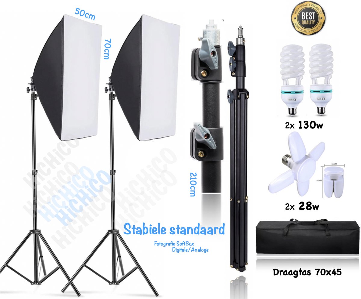 Studiolampen HiCHiCO® 1Set – Studioflitsers - Softbox fotostudio set - fotolamp fotografie softbox – Draagtas 70x45x45 – Lamp 130w en 28w en Professionele licht stand