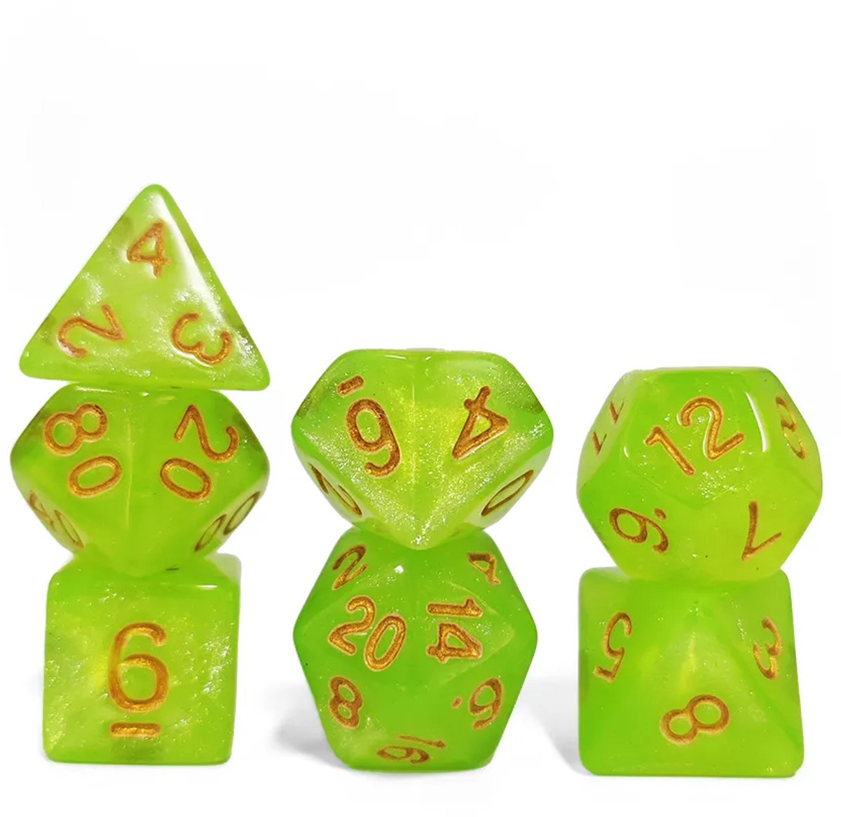 Nereb – Dobbelstenen Set 7-delig – D20 D12 D10 D8 D6 D4 – Groen – Inclusief Bewaarzakje – Voor RPG & Tafelspellen