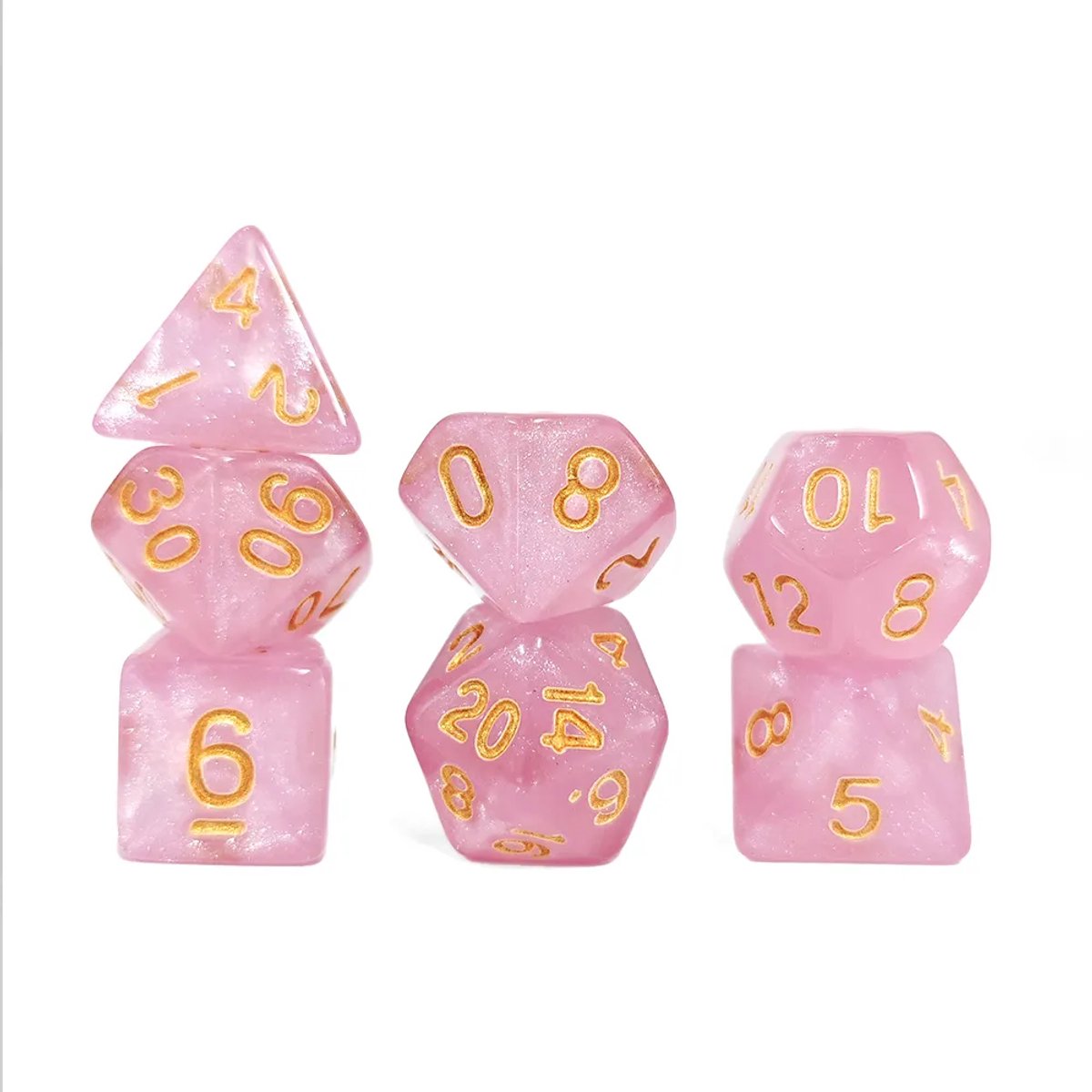 Nereb – Dobbelstenen Set 7-delig – D20 D12 D10 D8 D6 D4 – Roze – Inclusief Bewaarzakje – Voor RPG & Tafelspellen
