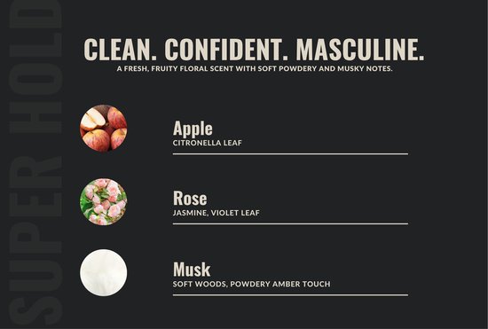 Afbeeldingen van appel, rozen en witte dons met de tekst 'CLEAN. CONFIDENT. MASCULINE.'